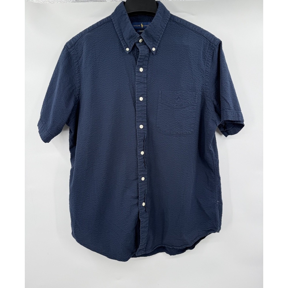 Ralph Lauren Seersucker Men's Navy Blue Ribbed Short Sleeve Shirt Size L